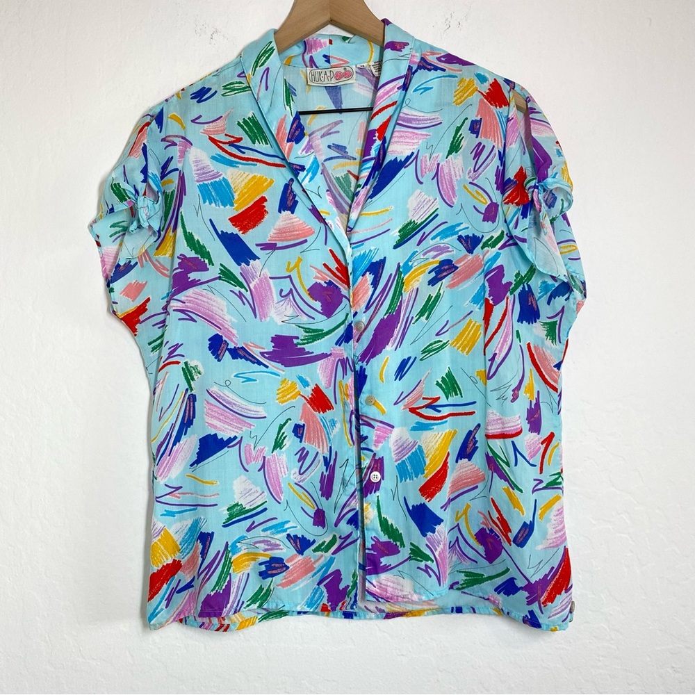 Hukapoo Vintage Colorful Paint Button up Shirt Lightweight Women’s L Collared
